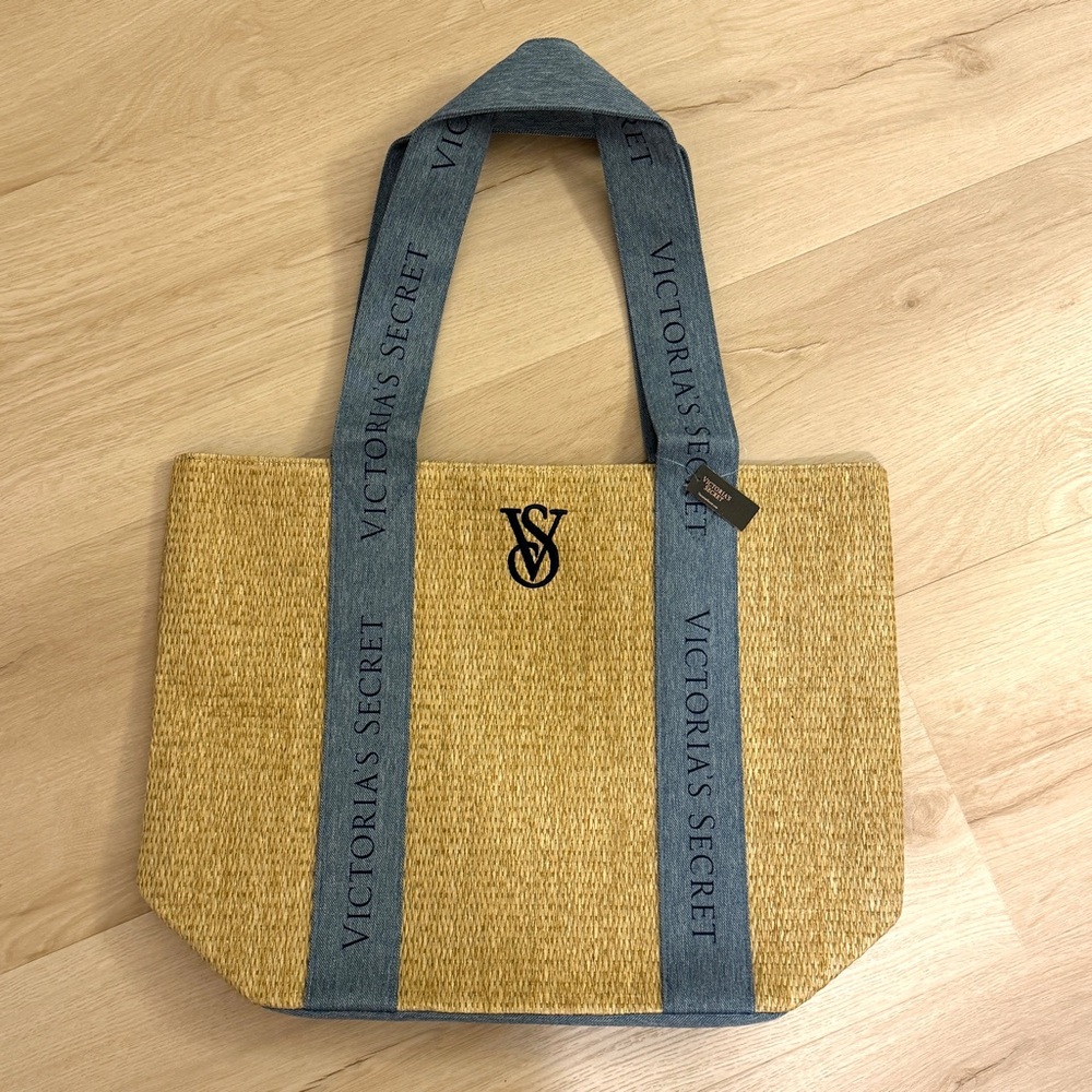 Victoria’s Secret Straw Beige Blue Tote Bag NWT - Picture 13 of 13